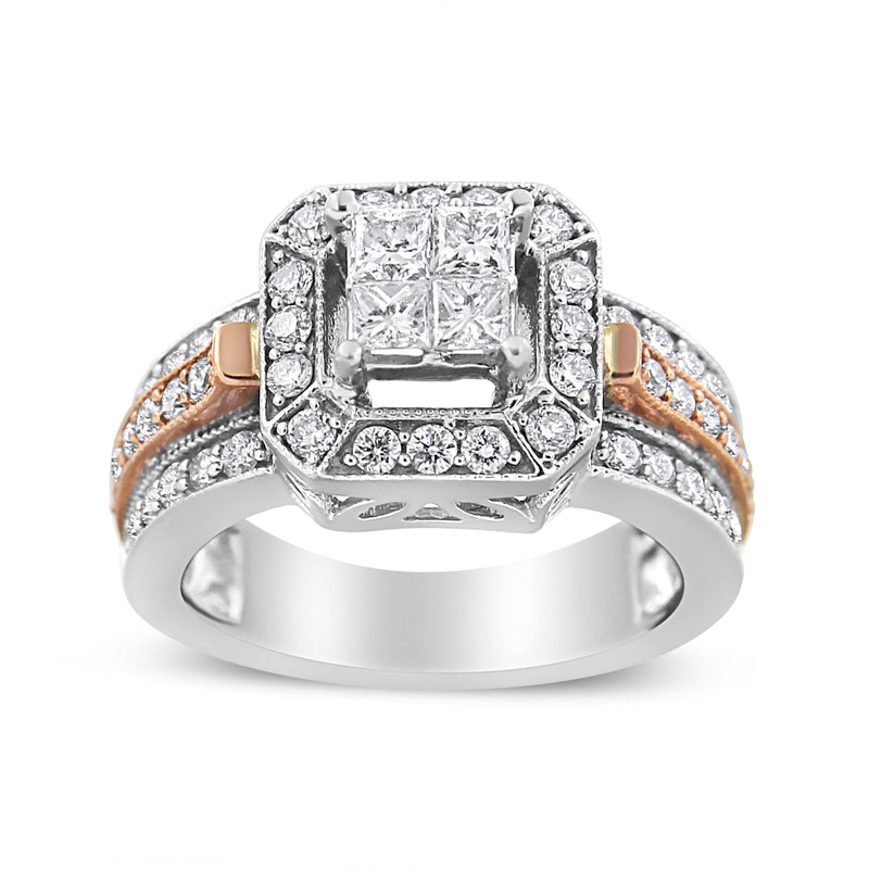 Bids.com 14K White and Rose Gold 1 1/8 Cttw Princess and Round-Cut Diamond Art Deco Style Triple Shank Halo Cocktail Ring (I-J Color, SI2-I1 Clarity) - Size 7 Rings