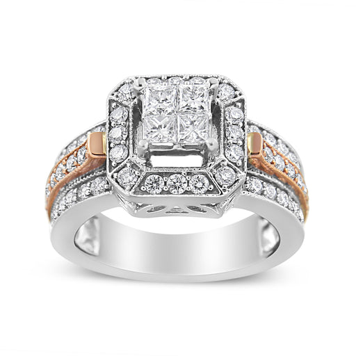 Bids.com 14K White and Rose Gold 1 1/8 Cttw Princess and Round-Cut Diamond Art Deco Style Triple Shank Halo Cocktail Ring (I-J Color, SI2-I1 Clarity) - Size 7 Rings