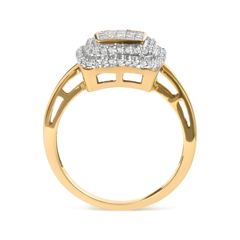 Bids.com 10K Yellow Gold 1/2 cttw Round and Princess Diamond Composite Head and Halo Ring (H-I Color, SI1-SI2 Clarity) - Ring Size 7 Rings