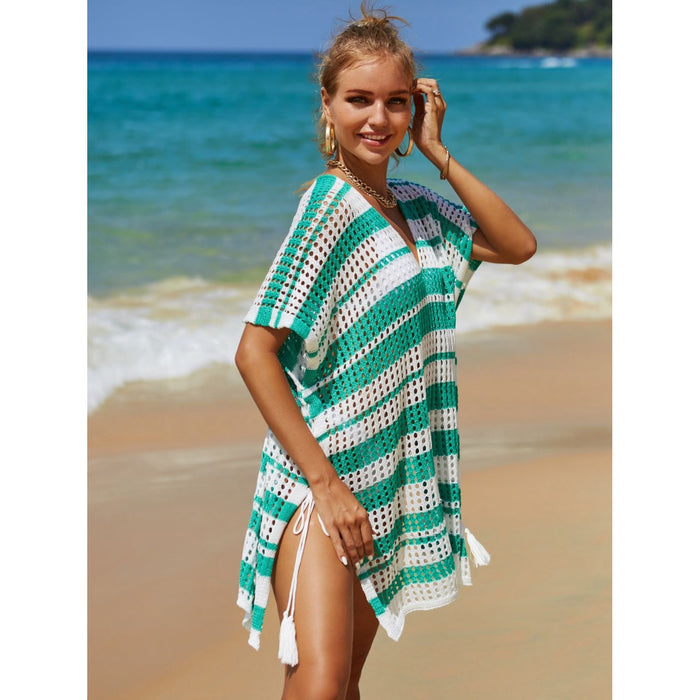 Tassel Openwork Striped V-Neck Cover Up