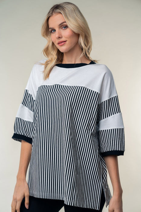 White Birch Striped Contrast Round Neck Top