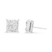 Bids.com 14K White Gold 1 1/2 Cttw Invisible Set Princess-Cut Diamond Contemporary Wavy Quad Stud Earrings (I-J Color, I1-I2 Clarity) Earrings