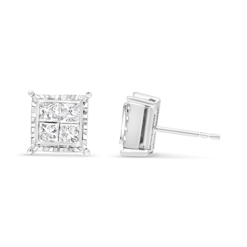 Bids.com 14K White Gold 1 1/2 Cttw Invisible Set Princess-Cut Diamond Contemporary Wavy Quad Stud Earrings (I-J Color, I1-I2 Clarity) Earrings
