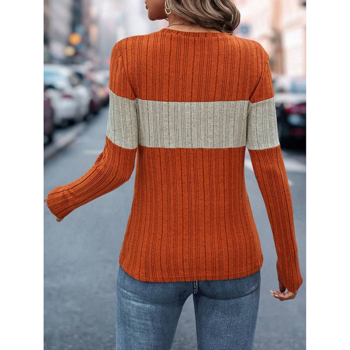 Color Block Round Neck Long Sleeve Top