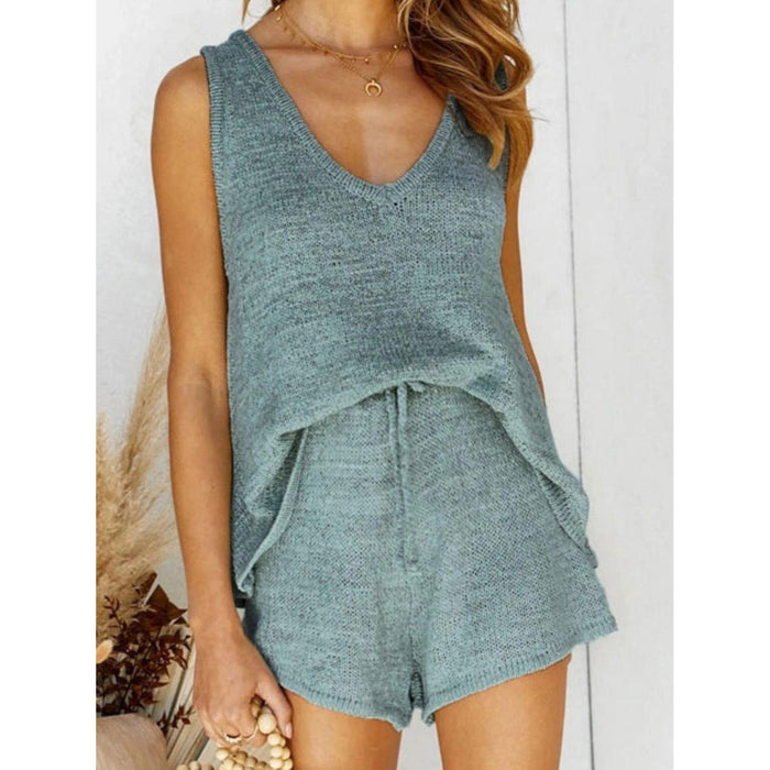 V-Neck Sleeveless Top and Drawstring Shorts Sweater Set