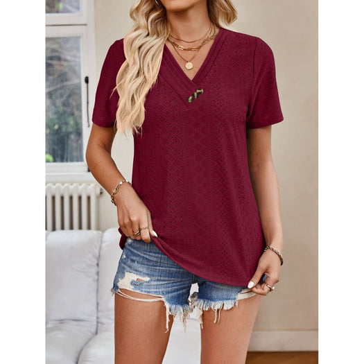 Eyelet V-Neck Short Sleeve Top