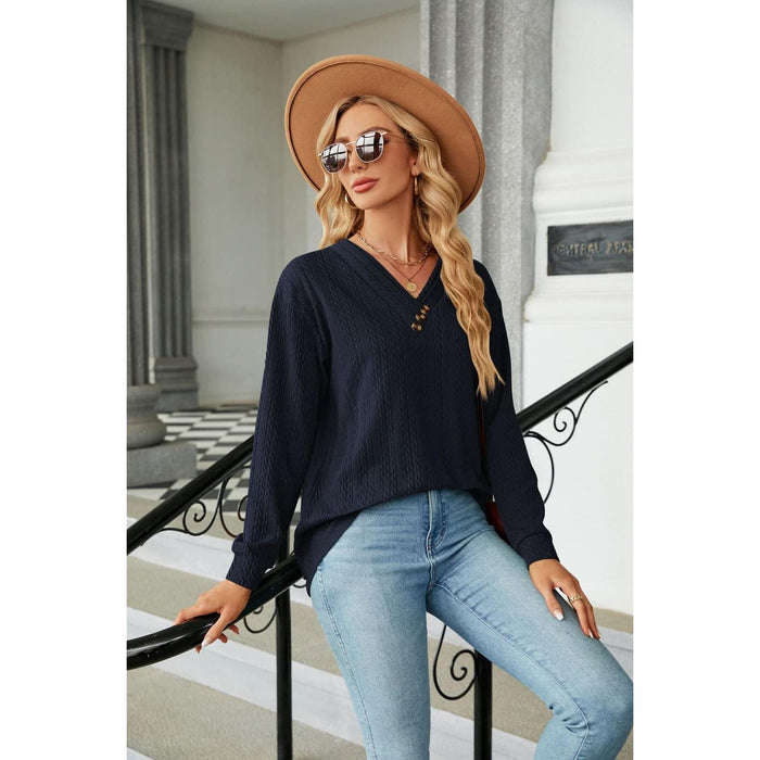 Decorative Button V-Neck Long Sleeve T-Shirt