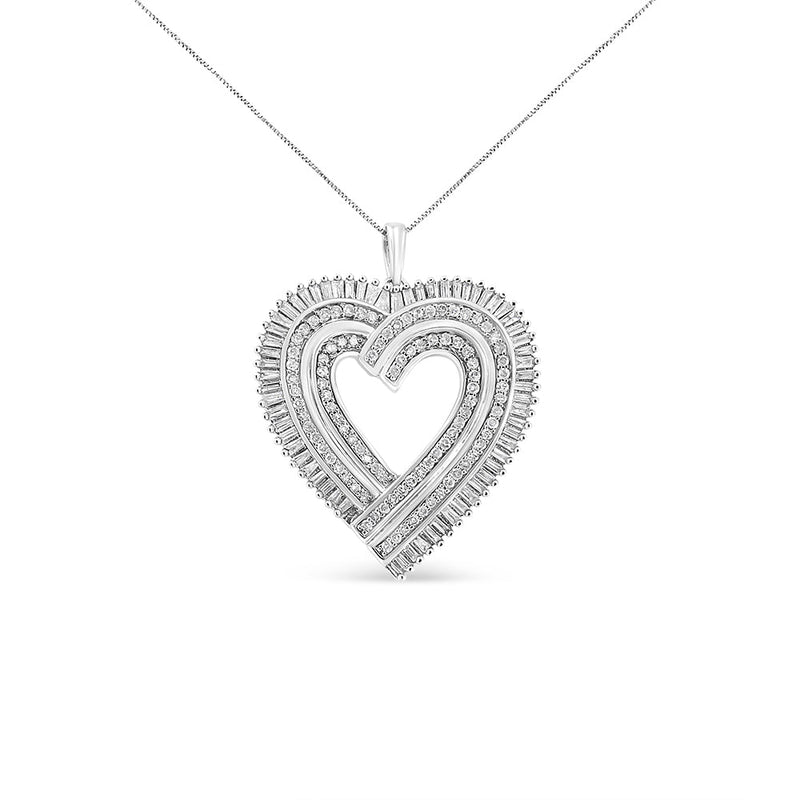 Bids.com .925 Sterling Silver 1 1/4 Cttw Round and Baguette-Cut Diamond Composite Heart 18" Pendant Necklace (I-J Color, I1-I2 Clarity) Necklaces