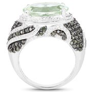 Bids.com 5.98 Carat Genuine Green Amethyst & Green Diamond .925 Sterling Silver Ring Rings