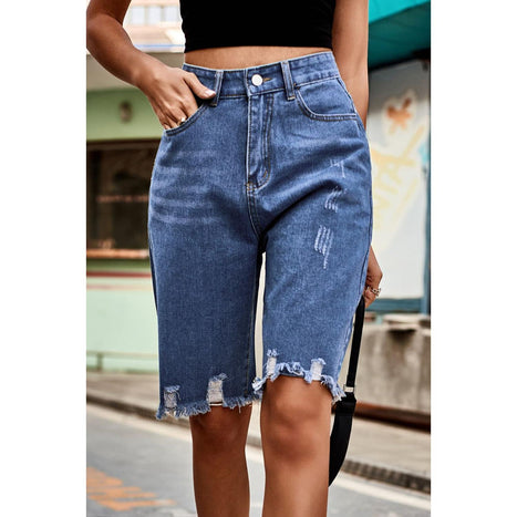 Raw Hem High Waist Denim Shorts with Pockets