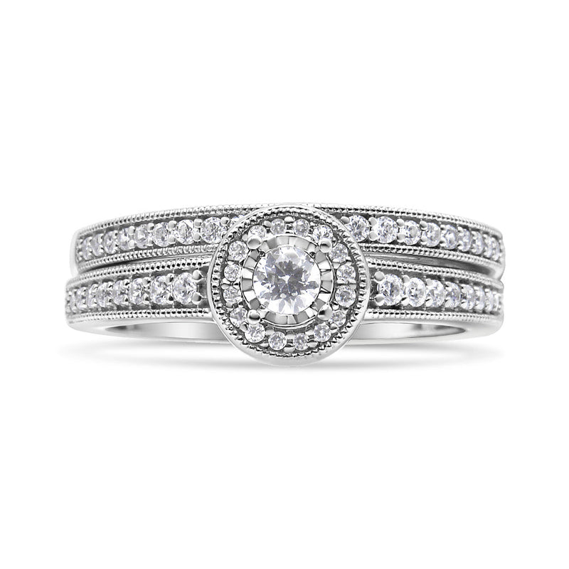 Bids.com .925 Sterling Silver 1/2 Ctw Diamond Halo and Milgrain Engagement Ring Bridal Set (I-J Color, I3 Clarity) - Ring Size 7 Rings