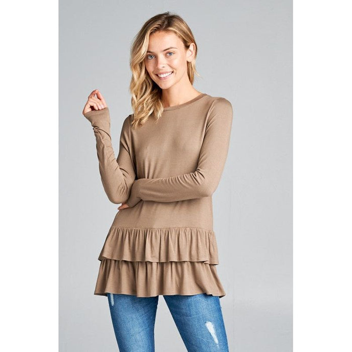 RUFFLE BOTTOM LONG SLEEVE ROUND NECK TUNIC TOP