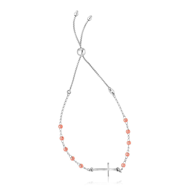 Bids.com Sterling Silver White and Rose Finish Adjustable Bracelet with Cross Bracelets