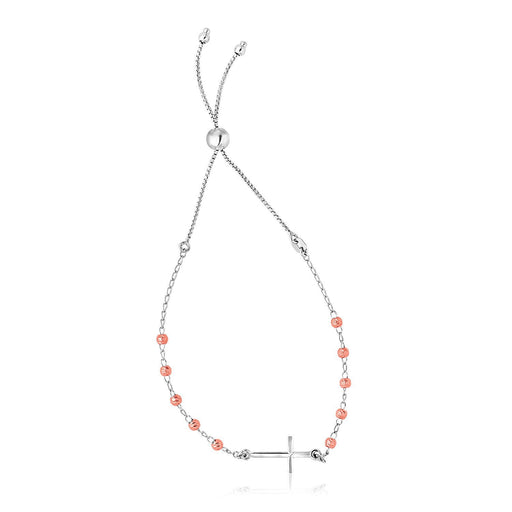 Bids.com Sterling Silver White and Rose Finish Adjustable Bracelet with Cross Bracelets