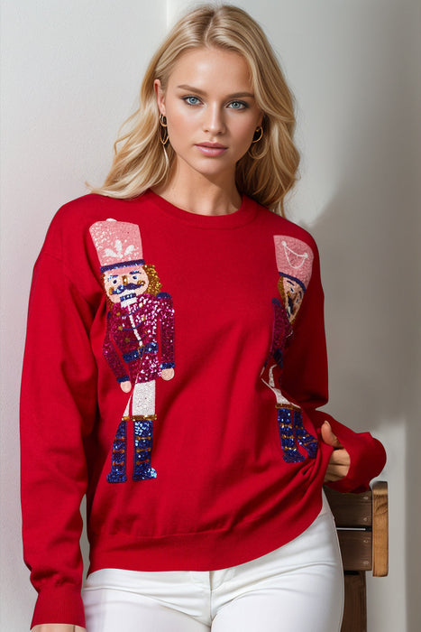 Full Size Nutcracker Sequin Long Sleeve Sweater