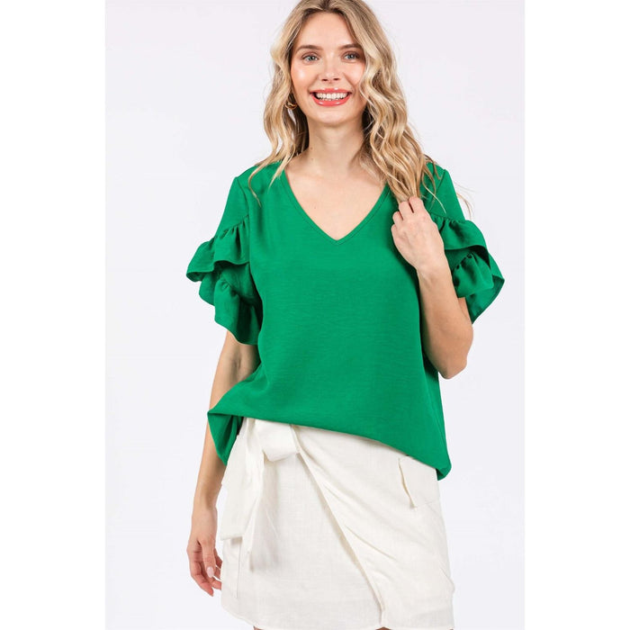 GeeGee Ruffled Short Sleeve V-Neck Blouse