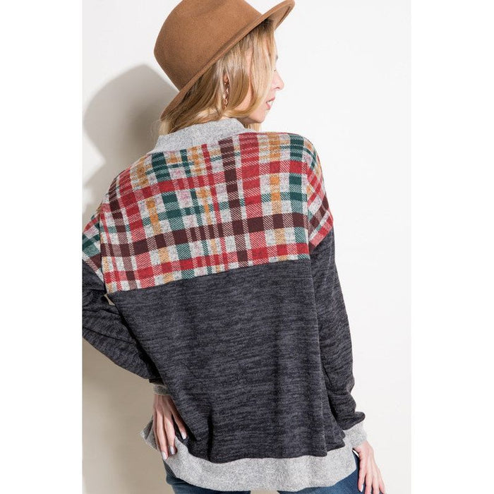 SOLID PLAID MOCK NECK TOP