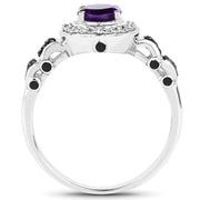 Bids.com 1.02 Carat Genuine Amethyst, Black Diamond & White Diamond .925 Sterling Silver Ring Rings