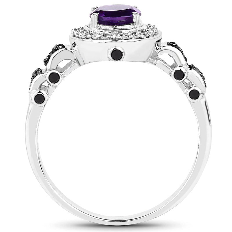 Bids.com 1.02 Carat Genuine Amethyst, Black Diamond & White Diamond .925 Sterling Silver Ring Rings