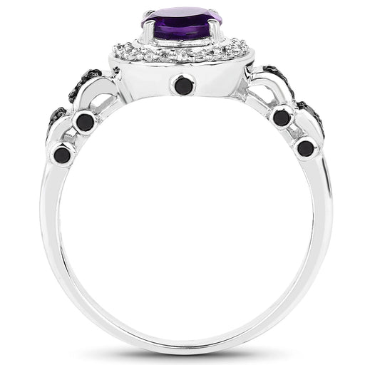Bids.com 1.02 Carat Genuine Amethyst, Black Diamond & White Diamond .925 Sterling Silver Ring Rings