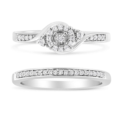 Bids.com .925 Sterling Silver 1/4 Cttw Diamond Halo and Swirl Engagement Ring and Wedding Band Set (I-J Color, I3 Clarity)- Ring Size 7 Rings