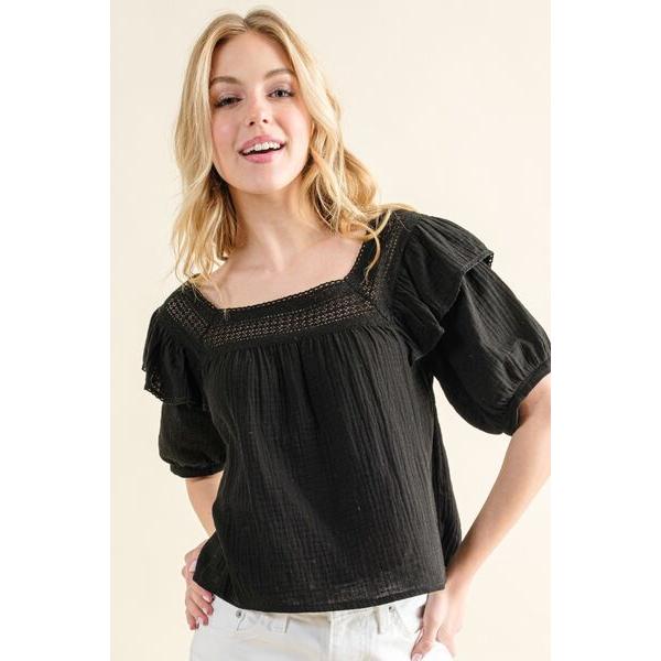 And The Why Square Neck Cotton Gauze Ruffled Blouse