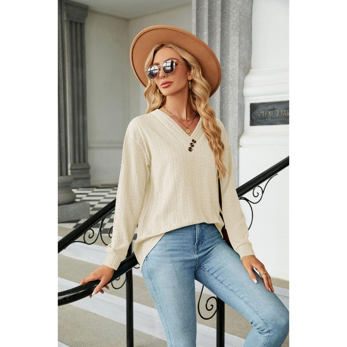 Decorative Button V-Neck Long Sleeve T-Shirt