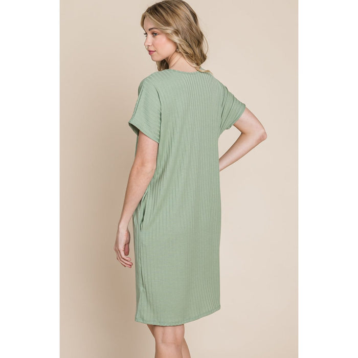 Ribbed Round Neck Short Sleeve Dress in Sage