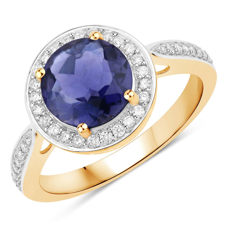 Bids.com 1.79 Carat Genuine Iolite and White Diamond 14K Yellow Gold Ring Rings