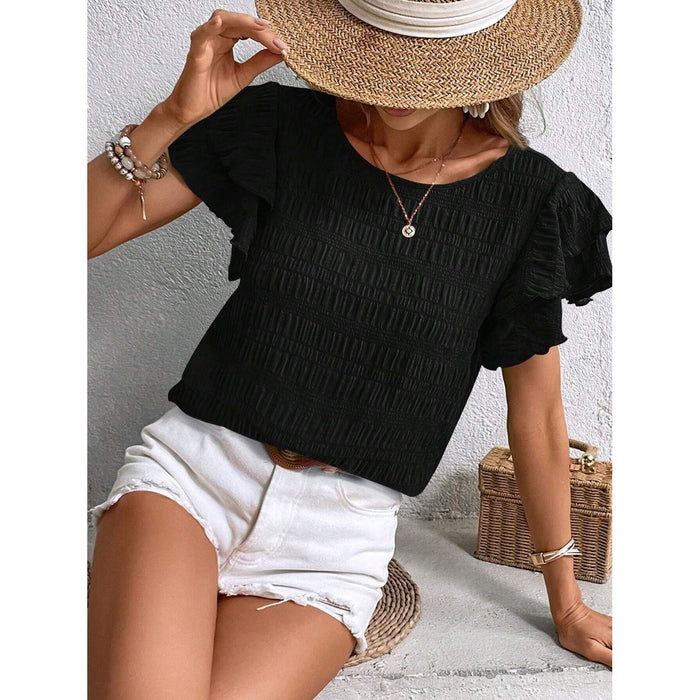 Round Neck Flounce Sleeve Blouse