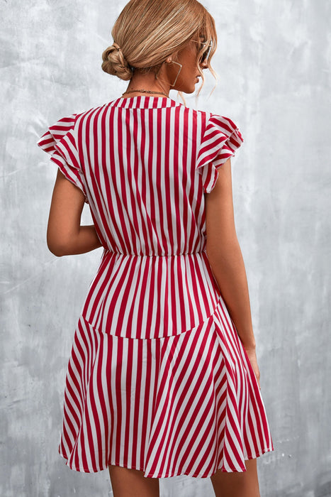 Ruffled Striped Cap Sleeve Mini Dress in Deep Red