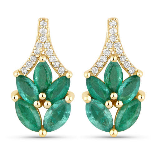 Bids.com 0.91 Carat Genuine Zambian Emerald and White Diamond 14K Yellow Gold Earrings Earrings