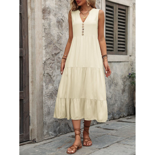 Decorative Button Notched Sleeveless Dress