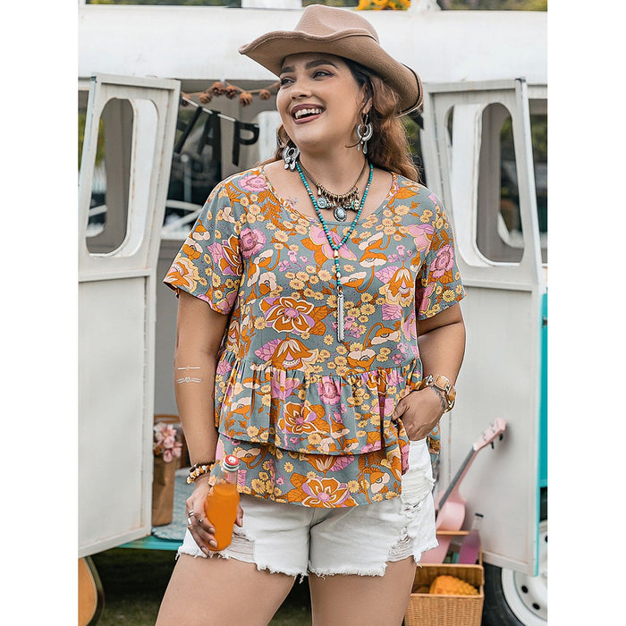 Layered Printed Round Neck Short Sleeve Blouse