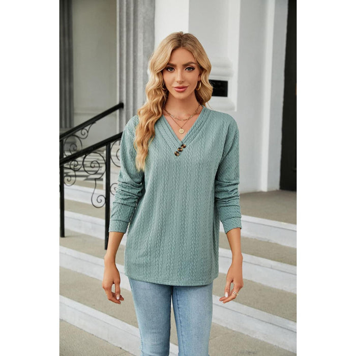 Decorative Button V-Neck Long Sleeve T-Shirt