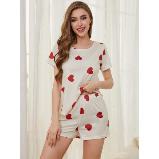 Heart Round Neck Top and Shorts Lounge Set