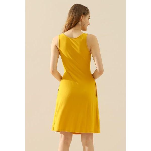 Doublju Round Neck Ruched Sleeveless Dress with Pockets