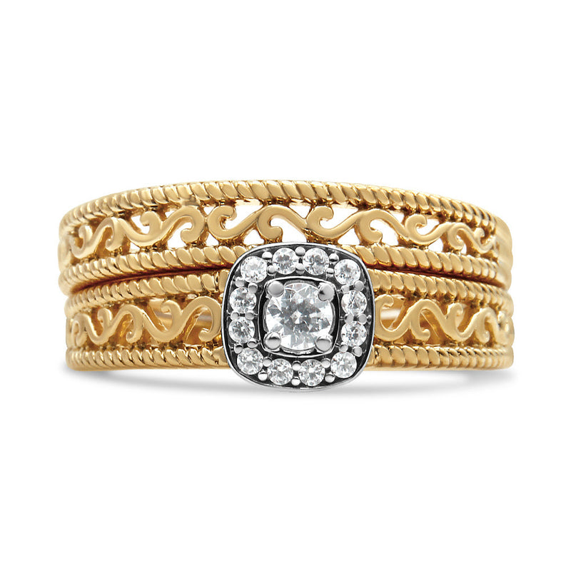 Bids.com 14K Yellow Gold Plated .925 Sterling Silver 1/5 Cttw Diamond Halo and Milgrain Finish Engagement Ring Bridal Set (I-J Color I3 Clarity) - Size 7 Rings