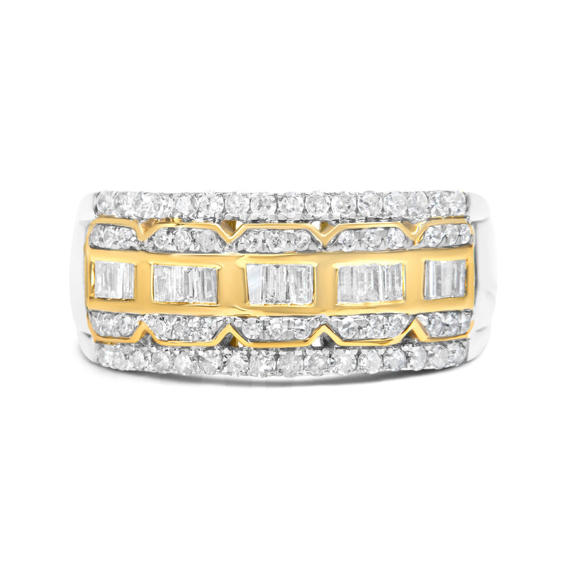 Bids.com 10K White and Yellow Gold 1.00 Cttw Baguette and Round cut Diamond Art Deco Multi-Row Ring Band (I-J Color, I1-I2 Clarity) - Ring Size 7 Rings