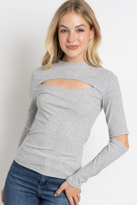 RIBBED FITTED LONG SLEEVE TOP WITH CHEST CUTOUT AN