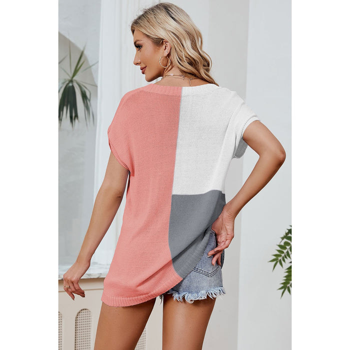 Color Block V-Neck Short Sleeve Knit Top