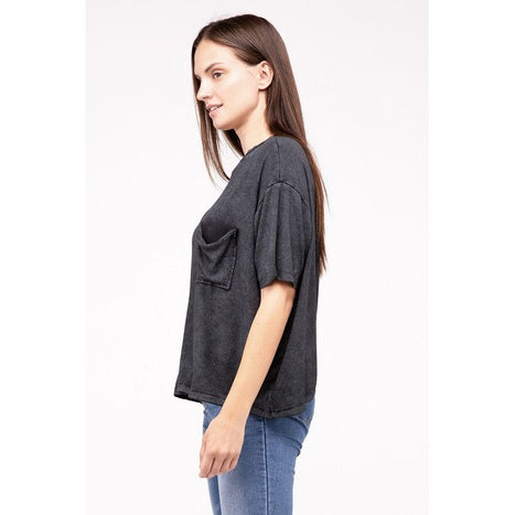 Washed Ribbed Cuffed Short Sleeve Round Neck Top