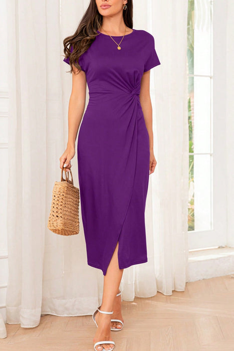 Slit Round Neck Short Sleeve Midi Dress