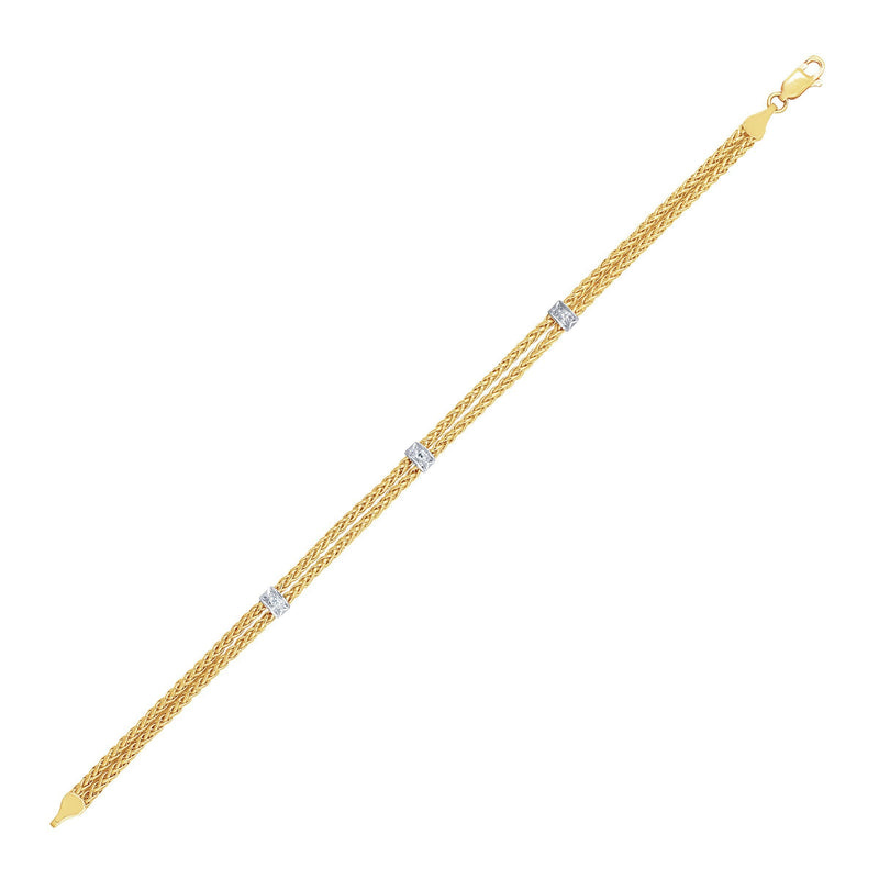 Bids.com 14k Two-Tone Gold Dual Wheat Chain Bracelet with Diamond Stations (.02 cttw) Bracelets