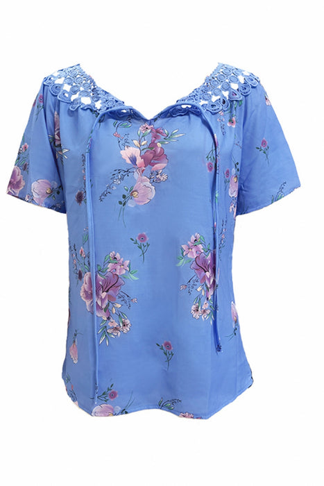 Printed Tie Neck Short Sleeve Blouse