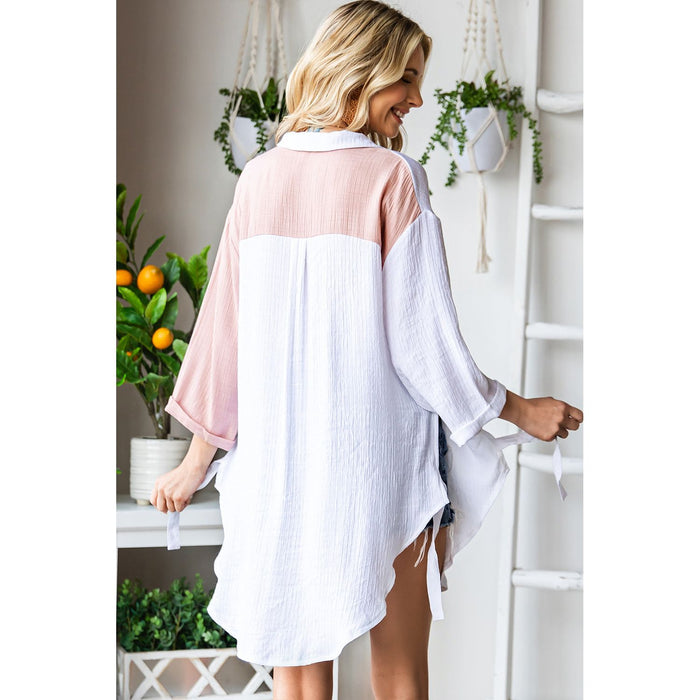 Two-Tone Button Up Dropped Shoulder Shirt