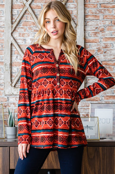 Full Size Geometric Button Detail Long Sleeve Babydoll Top