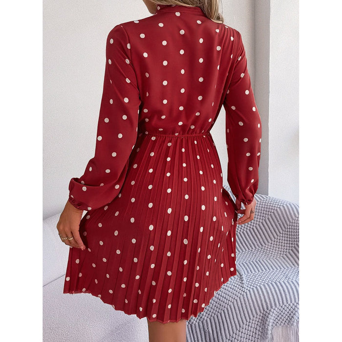 Polka Dot Tie Neck Pleated Dress