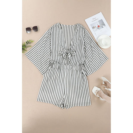 Tied Striped Three-Quarter Sleeve Romper