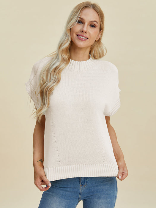 Full Size Mock Neck Short Sleeve Sweater